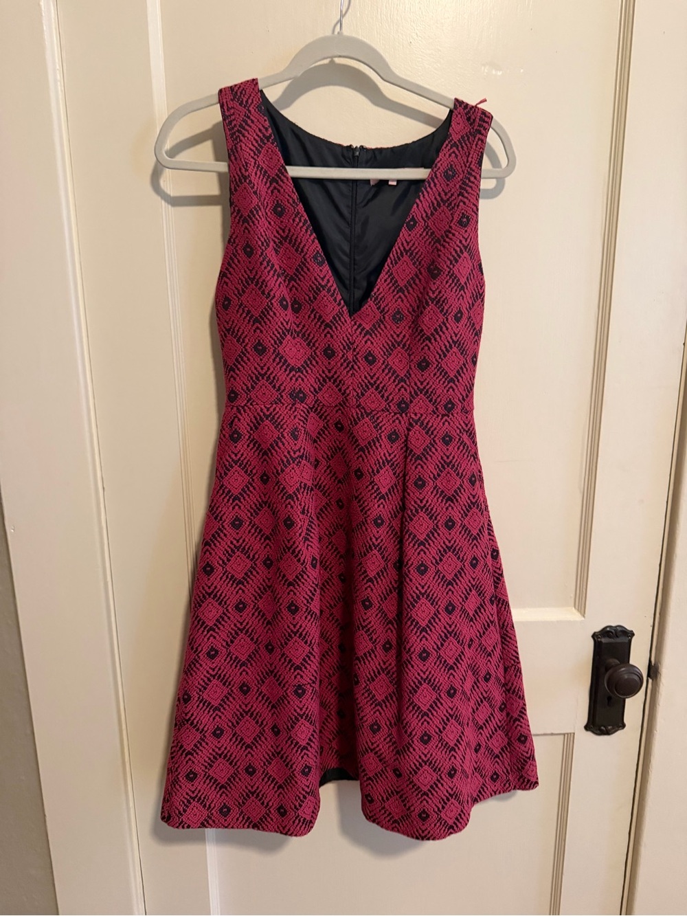 Hutch Pink and Black Patterned V-Neck Fit-and-Flare Mini Dress
